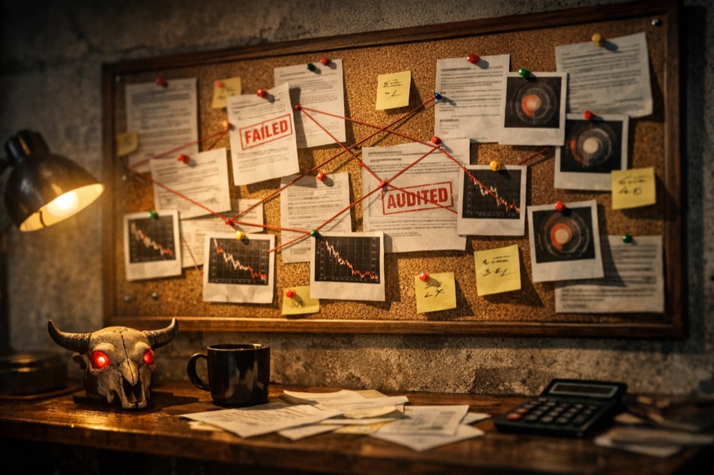 A noir evidence wall of charts, stamps and red string under a desk lamp.