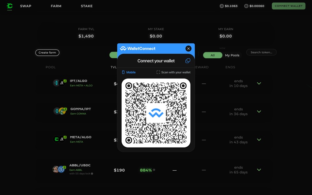 Cometa app: farm dashboard with wallet-connect and staking pools.