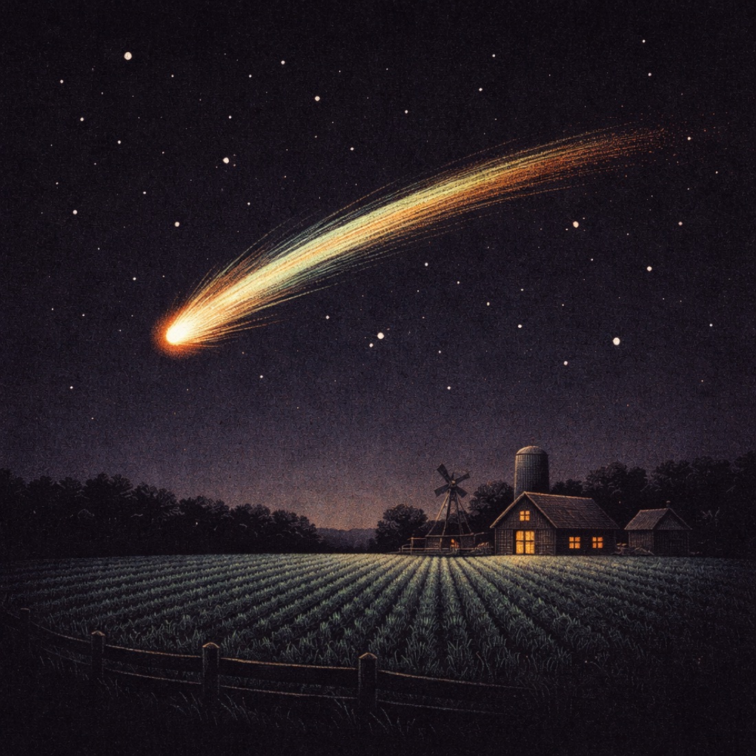 A comet streaking over a dark farmhouse and moonlit crop rows — Cometa brand artwork.