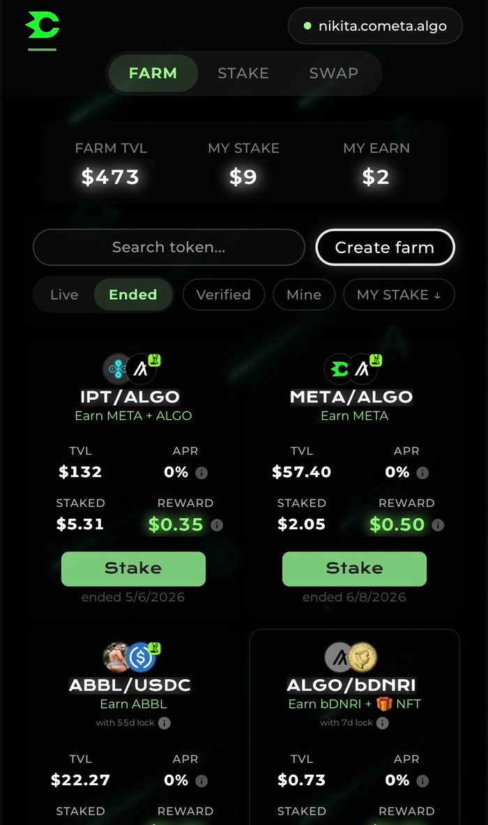 Cometa farm on mobile: live and ended farm pools with TVL, APR and rewards.