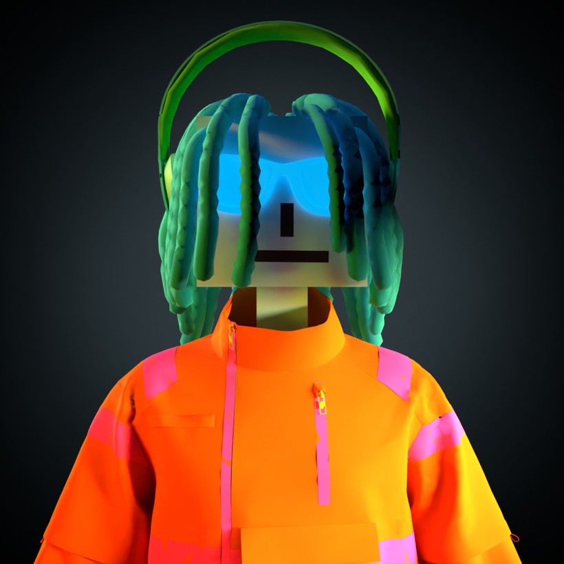 A Metapunk NFT bust: a neon-orange 3D character with green dreadlocks and headphones.