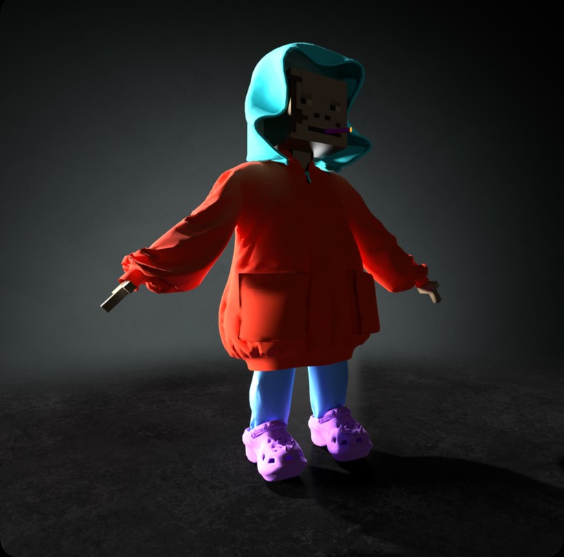 A full-body 3D Metapunk NFT render: red hoodie, teal hood, purple crocs — built for the metaverse.