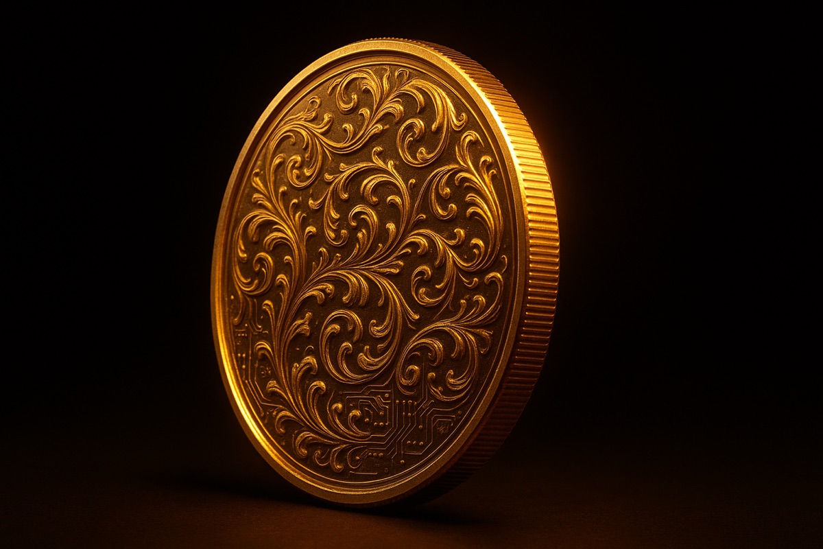 An ornate engraved gold coin with hidden circuit-board etching, lit dramatically on black.