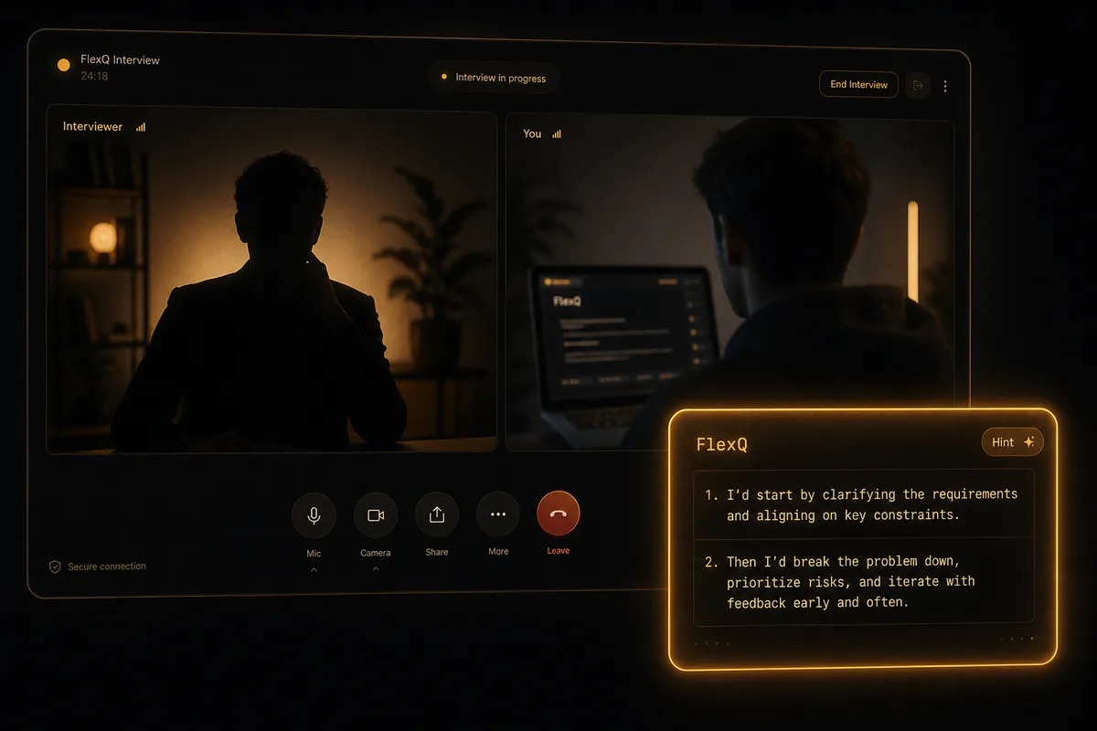 A video interview at night, FlexQ's hint card glowing beside the call.