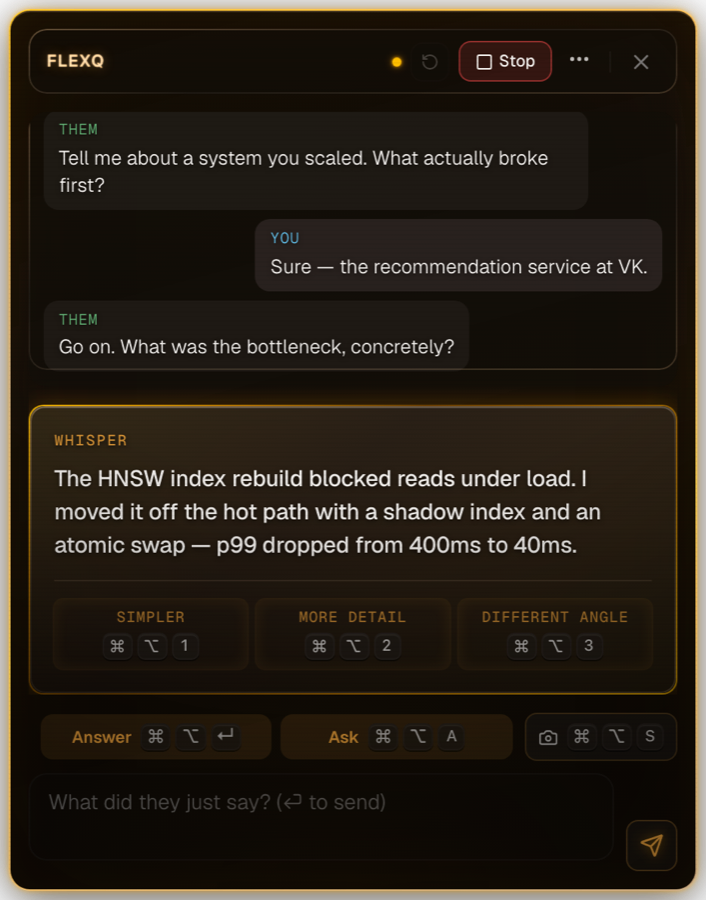 FlexQ live overlay: an interview question transcribed, a ready-to-say whisper answer glowing below.