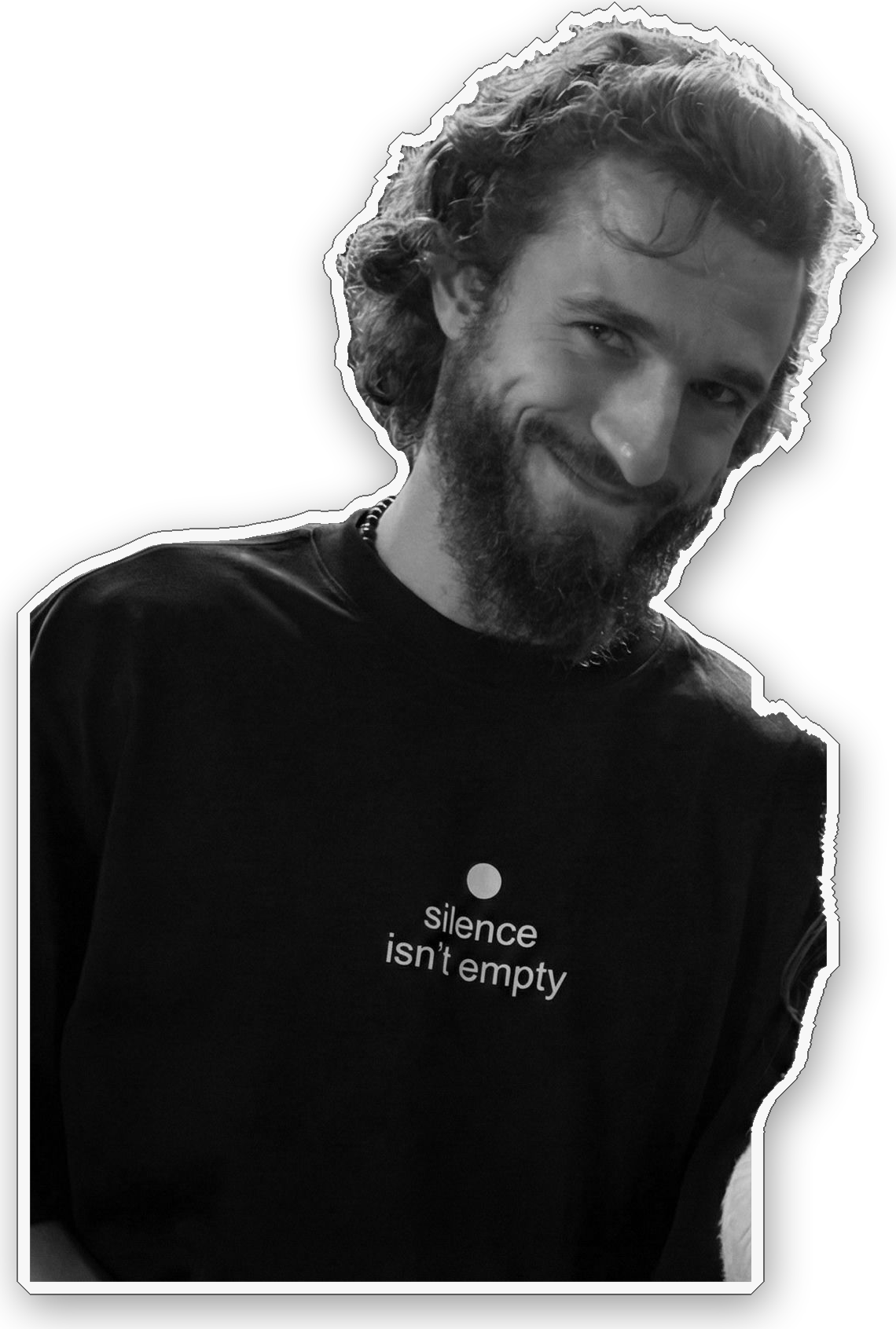 Nikita Gorokhov — a full-figure die-cut sticker portrait, long hair, mid-smile.