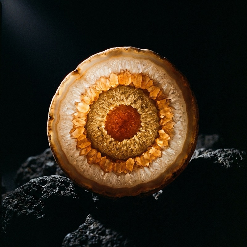 A cut geode with four glowing amber layers — memory in strata.