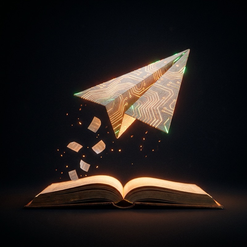 Circuit-board paper airplane flying out of an open glowing book, scattering pages.